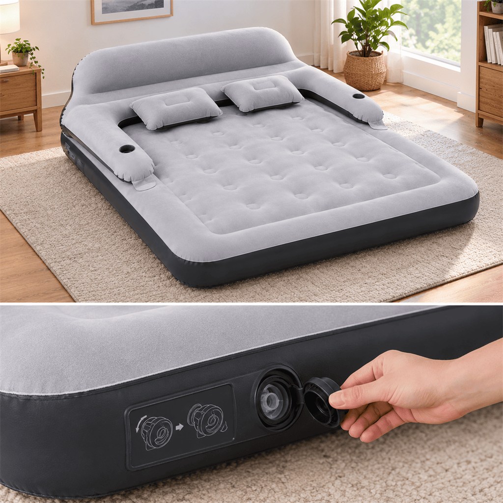 Cama hinchable y la válvula de cerca