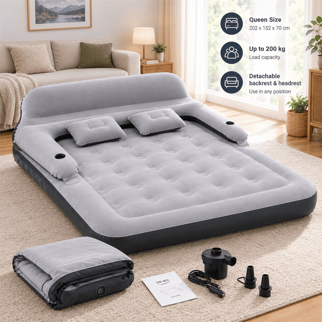 Cama hinchable plegada con inflador y accesorios
