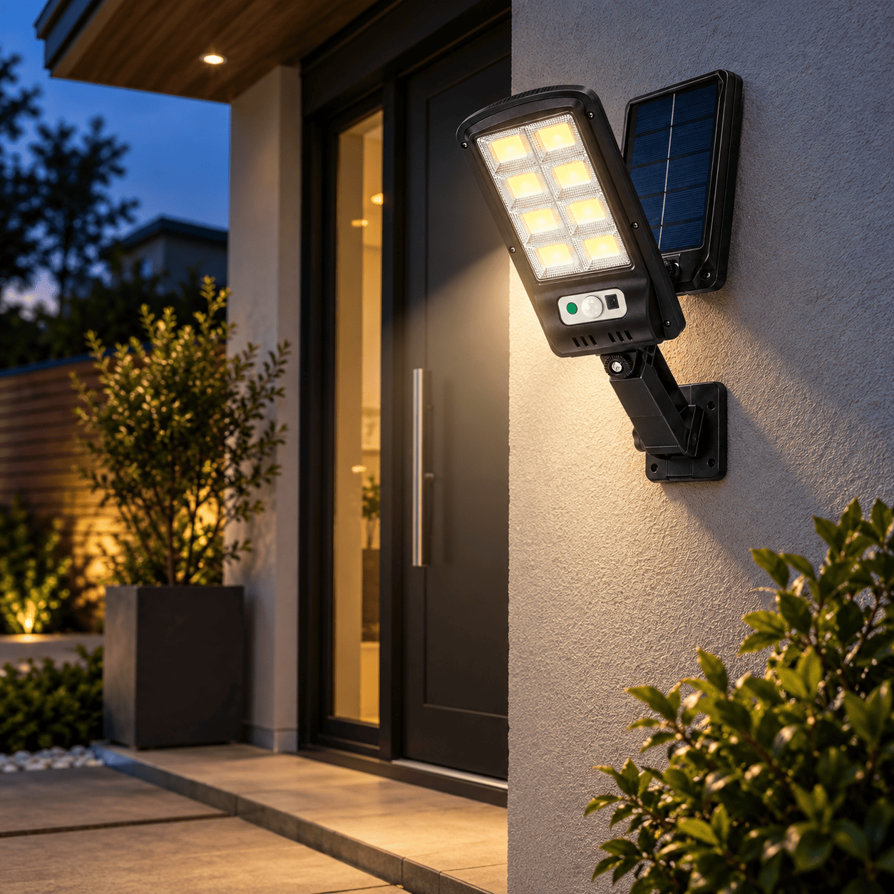 Solar LED wall light mounted on a house wall