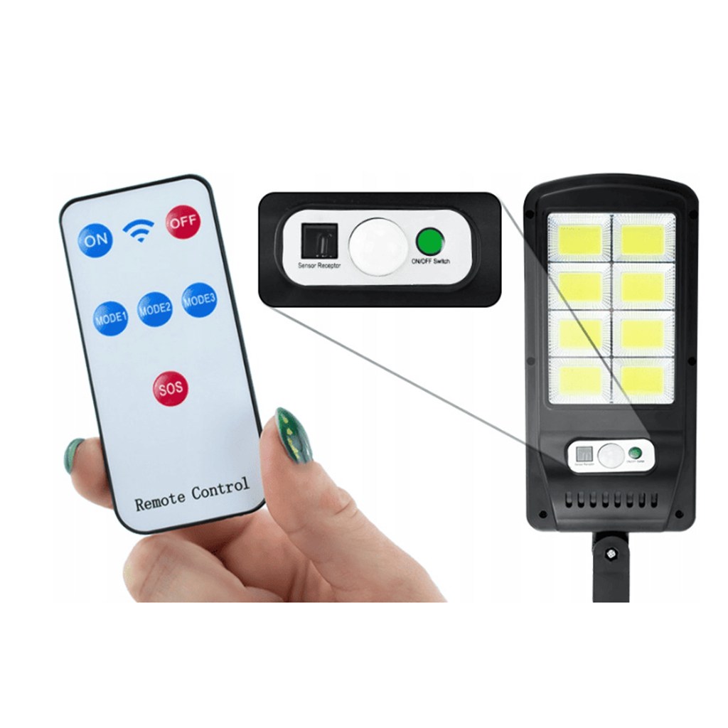 Mando a distancia en la mano y detalle del sensor del foco